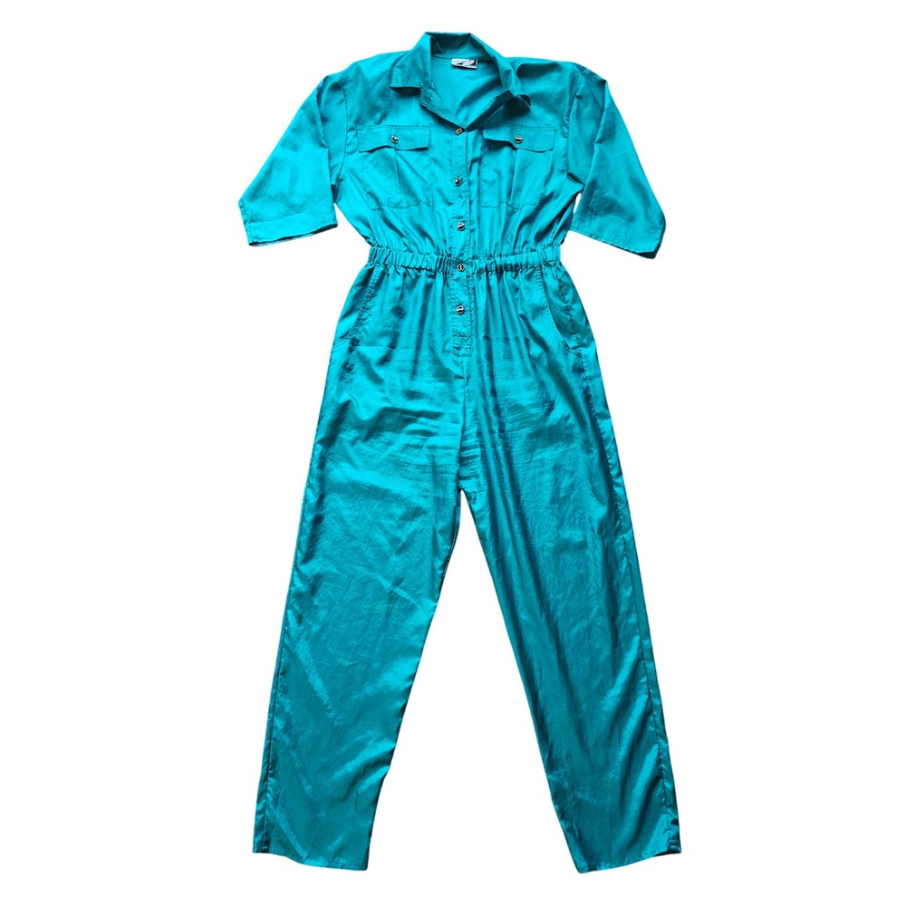 Vintage Rebecca Stessens California Teal Jumpsuit Button Front 80s Made in USA